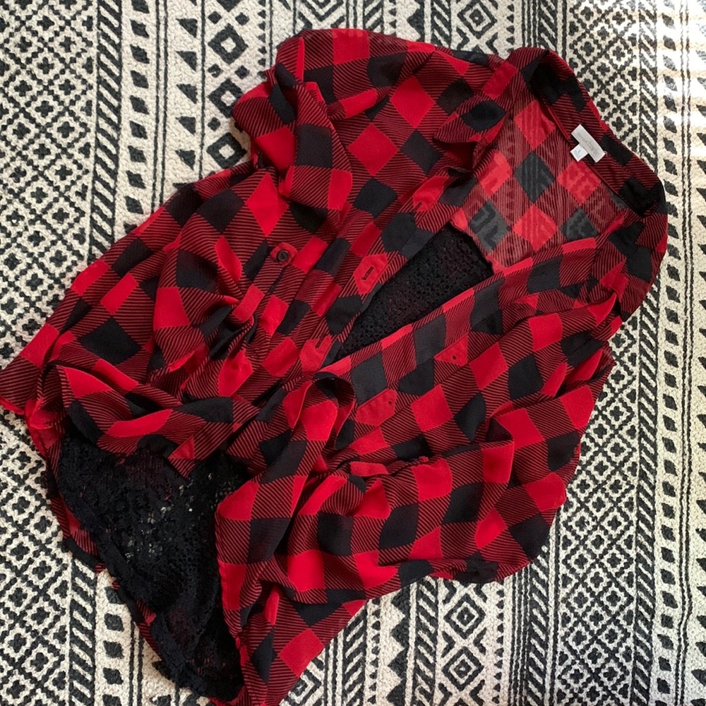 COPY - Charming Charlie’s plaid blouse with peekaboo crochet back